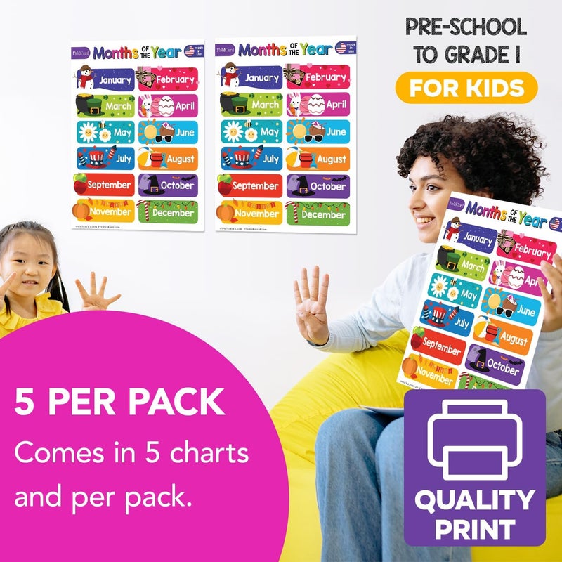 FoldCard 12 Months of the Year Chart for Preschool to Grade 1 Kids – Colorful Educational Visual/Learning Aid Poster Decoration for Classroom or Home | Glossy Durable Cardstock | 8.5" x 11" | 5 per Pack - Image 4